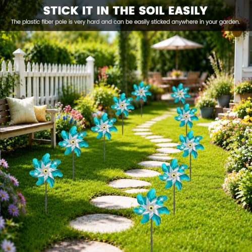 10 Pack Pre-Assembled Reflective Rainbow Pinwheels(Blue) - color: Silver-blue
