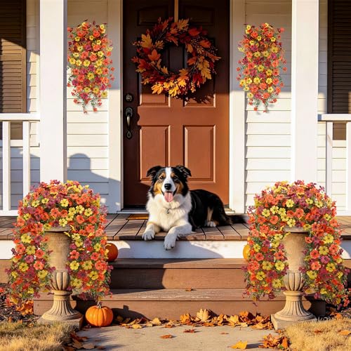 Hommyea Artificial Fake Fall Flowers Plants for Outdoors Mums Home Decor - color: Orange,brown,yellow