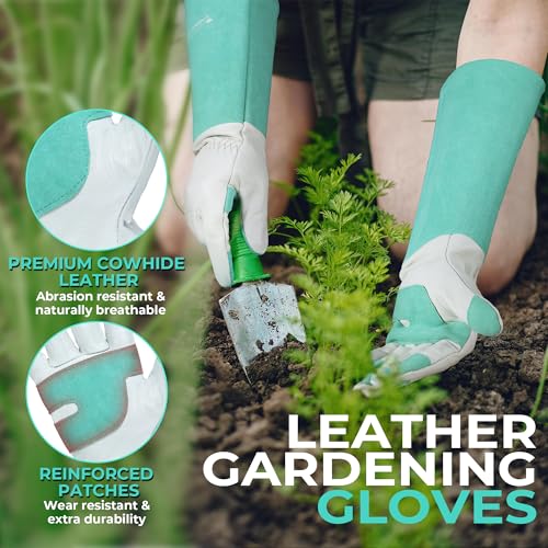 HANDLANDY Long Gardening Gloves for Men Women, Thorn Proof Rose Pruning Leather Garden Yard Gauntlet Glove, Gardening Gifts - color: Green, size: Small