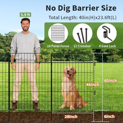 No Dig Garden Fence Animal Barrier with Gate, 40 in (H) x 23.6 ft (L), 10 Panels - size: 40in