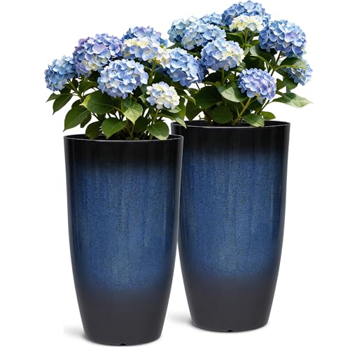 Autodaya 24" Large Tall Outdoor Planters Set of 2, Faux Ceramic Flower Pots - color: 23.8" Blue Gradient Cobalt Finish
