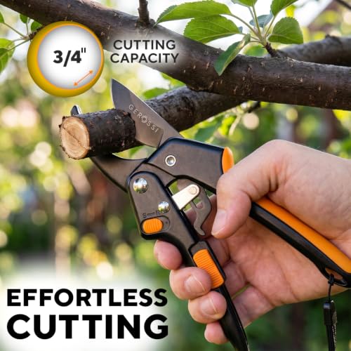 Gerossi Ratchet Pruning Shears Heavy Duty, Hand Pruners for Gardening - color: Orange