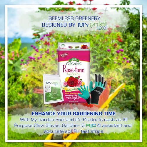 Espoma RT18 Organic Rose-Tone 4-3-2; 18 lb. Bag with My Garden Pool PH Soil Test Strips 20 ct, and My Garden Pool Superior Gardening Claw Gloves and Garden-IQ, Smart Gardening AI Assistant!