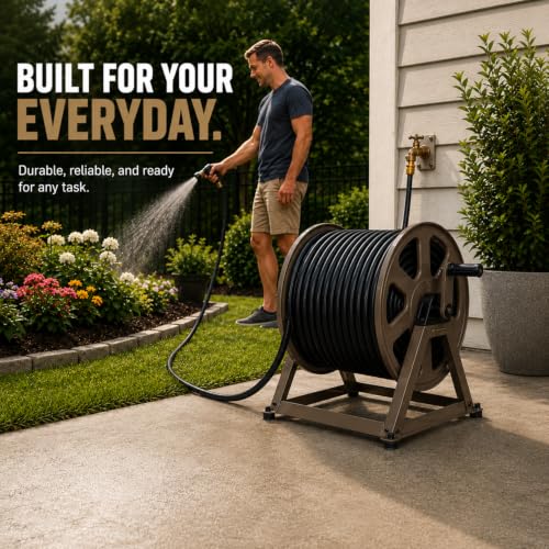 Dual Floor and Wall Mounted Garden Hose Reel, Holds 200ft of Water Hose, Heavy Duty Metal Hose Reel, Space Saving Hose Reel Organizer for Yard, Garage & Shed (Brown) - color: Brown