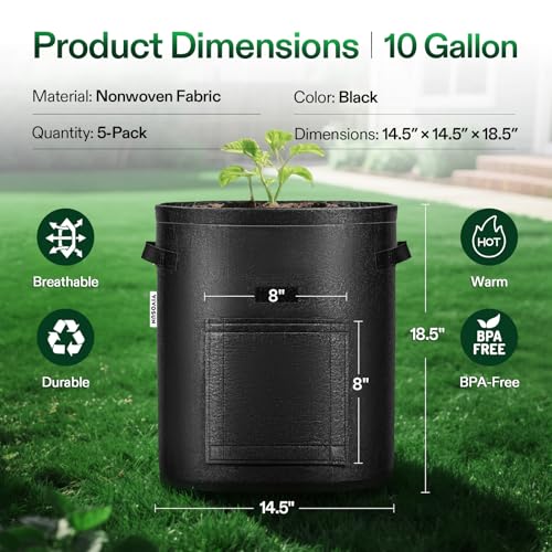 VIVOSUN 5-Pack 10 Gallon Potato Grow Bags for Growing Potatoes, Fabric Potato Pots with Handle and Roll-up Window, Potato Growing Containers Potato Planter Potato Planter for Growing Potatoes, Black - color: Black, size: 10 Gallon