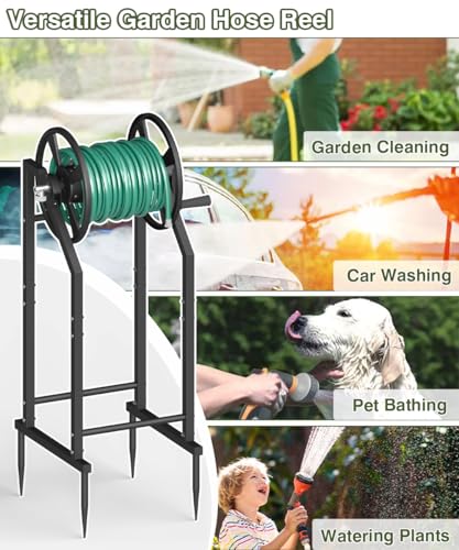 4-Spike Garden Hose Reel with 3.9ft Leader Hose & Stainless Fitting, Outdoor Hose Holder holds 125ft Hose of 5/8", Freestanding Metal Hose Stand for Outside Yard Lawn, Black - color: Black