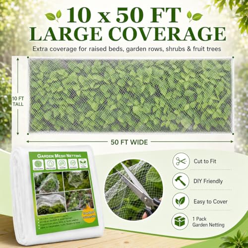 10 ft x 50 ft Garden Mesh Netting,Ultra Fine Plant netting for garden protection, garden netting for raised beds Vegetables,Bird Insect Nettings for Gardening, Blueberry Bush Strawberry Nettings Cover - size: 10 ft x 50 ft