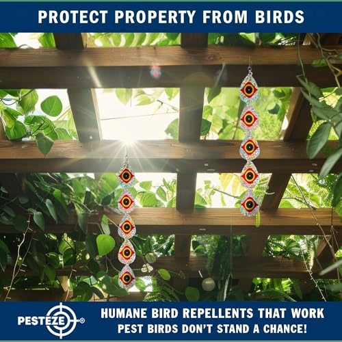 PESTEZE USA Holographic Bird Deterrent Tape Strips, Reflective Bird Repellent Hanging Ribbon, 5 Pack 3.25 x 30 in, Scare Pigeons Crows Woodpeckers Away from Porch Patio Garden Roof Balcony Yard Decks