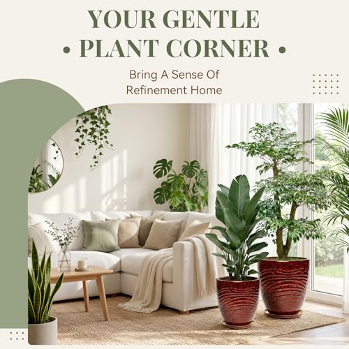 11.8 Inch Modern Ceramic Plant Pot with Saucer, Flower Pot with Drainage Hole Mesh Net,Indoor Outdoor Planter (Speckle Red) - color: Peacock Red, size: 11.8 Inch