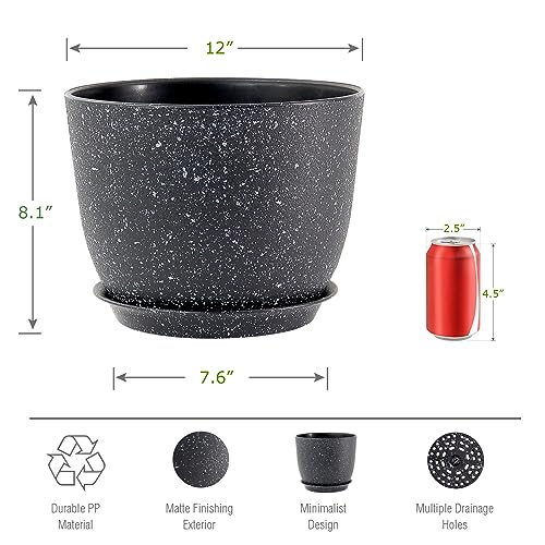 UOUZ 12inch Large Plant Pot, Modern Plastic Planter with High Driange Holes and Saucer for Indoor Outdoor Garden Plants and Flowers, Black Speckles - color: Black Speckles