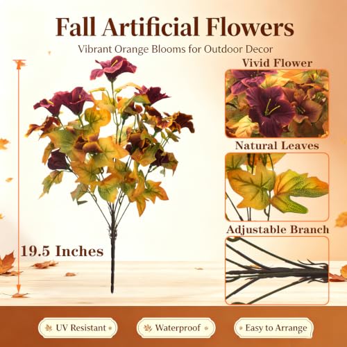 UV Resistant Artificial Outdoor Petunias, Faux Fall Flowers for Planters - color: Fall Brown Red