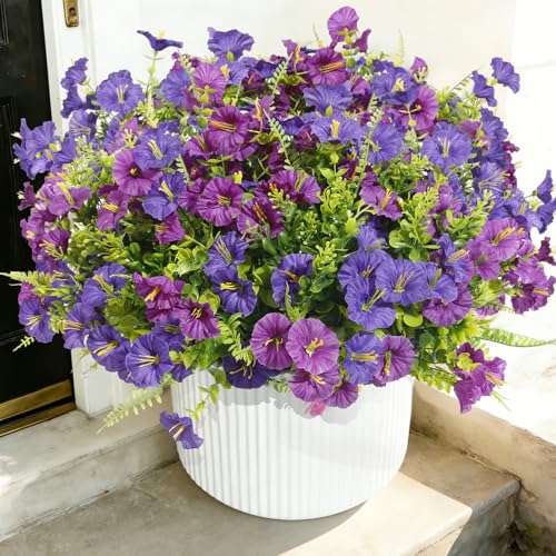 Artificial Morning Glory UV Resistant 36 pcs Purple Spring Artificial Flowers Outdoors, Realistic Faux Silk Morning Glory Fake Morning Glory Plants for Garden Porch Planters Window Wedding Decor - color: Purple& Fuchsia(with Green Ferns), size: 36 pcs