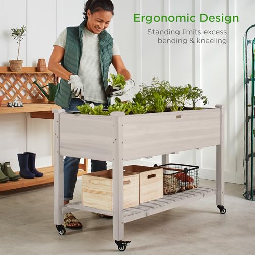 Best Choice Products Raised Garden Bed 48x24x32-inch Mobile Elevated Wood Planter w/Lockable Wheels, Storage Shelf, Protective Liner - White - color: White