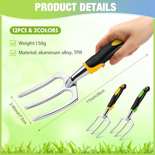 Yaocom 12 Pcs Hand Rakes Garden Tool Mini Heavy Duty Garden Cultivator 11 Inch Small Rake Gardening Hand Tiller with Handle for Digging Weeding Loose Soil(3-Tine Prong Fork,Yellow, Green) - color: Yellow, Green, style: 3-tine Prong Fork