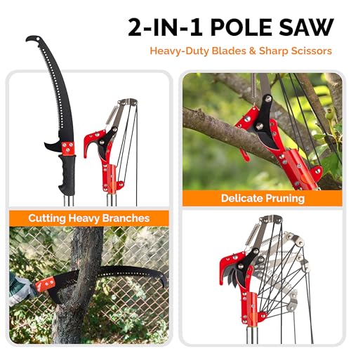 VINGLI 24ft Manual Pole Saws, Extendable Tree Trimmers Long Handle Pruner, Sharp Steel Blade and Scissors, Long Tree Pruner with Lightweight 7 Fiberglass Handles for Pruning Palms and Shrubs - color: Orange, size: 24ft