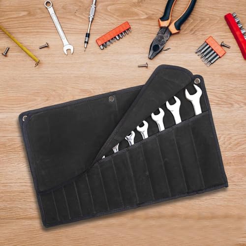 Chisel Roll, 6 Pockets Roll Up Tool Pouch, Waxed Canvas Small Tool Roll - color: Black- 12 Pockets Canvas