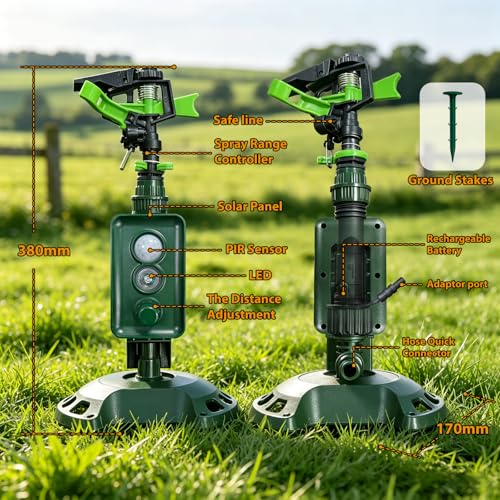 Solar Powered Motion Sensor Animal Repellent Sprinkler with Flashing Light, IP65 Waterproof Outdoor Deer & Dog Deterrent for Garden and Lawn Protection