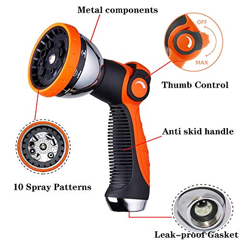 Garden Hose Spray Nozzle,10 Hose Metal Duty Watering Patterns Thumb Control On Off Valve, High Pressure Nozzle Sprayer for Plants, Car Wash,Cleaning,Showering Pets - color: Orange