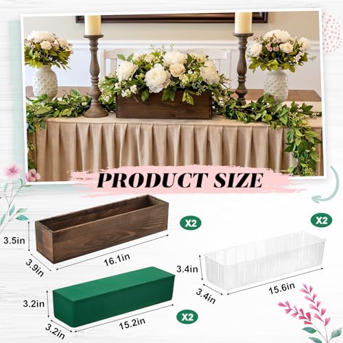 Dandat 2 Set Wood Boxes for Centerpieces 16x4 Inch Rectangle Wooden Planter Box Rustic Wooden Planters with Removable Plastic Liner Floral Foam Blocks for Christmas Wedding Home Garden Decor(Brown) - color: Brown, size: 16 x 4 Inch