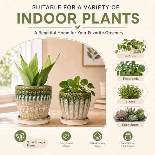 YQSLYSF Ceramic Plant Pots, 6 Inch + 5 Inch Indoor Planters with Drainage