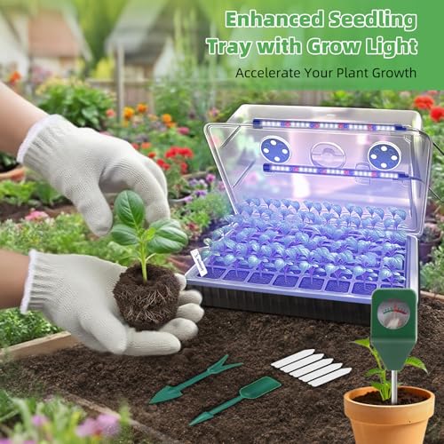 120-Cell Self-Watering Seed Starter Tray with Grow Light, 1–24H Timer, Humidity Dome, Soil pH Meter, Gloves, Seedling Tools – Indoor Seed Starting Kit for Plant Germination, Herbs, Vegetables, Flowers - size: 120-Premium model