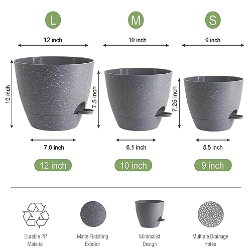 UOUZ Large Self Watering Pots, 12/10/9 Plastic Planters with High Drainage Holes and Deep Reservoir for Indoor Outdoor Garden Plants and Flowers, Grey Speckles - color: Grey Speckles