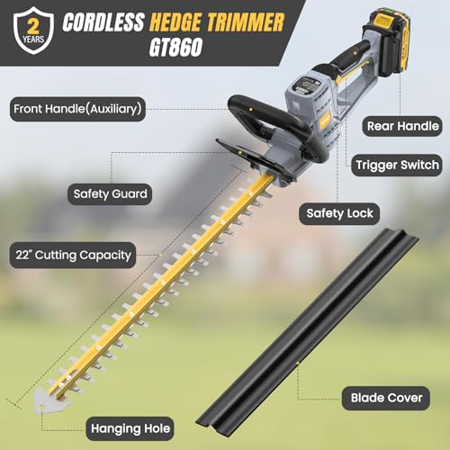 Hedge Trimmer Cordless 22" - 2 x 21V Batteries & Fast Charger, Easy to Use - color: Yellow