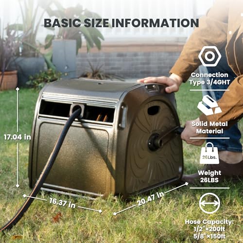 Giraffe Tools SW5 Metal Hose Reel Box, Heavy Duty Garden Hose Storage Reel Hideaway, Crank Handle, 150ft 5/8" Hose Capacity, Green - size: 150 ft Capacity