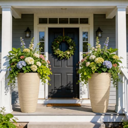 24" Large Outdoor Planters for Plants, Cream Beige Tall Flower Pots - color: 23.5"h-ivory Stripes Texture