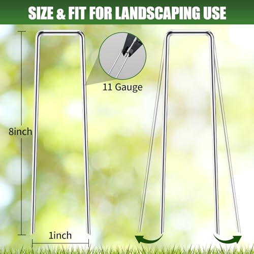 HOOPLE 100 Pack 8 Inch Landscape Staples 11 Gauge Heavy Duty Galvanized Garden Stakes, Sod Pins for Weed Barrier Fabric, Artificial Turf, Drip Irrigation, Lawn Edging & Ground Cover - size: 8 Inch