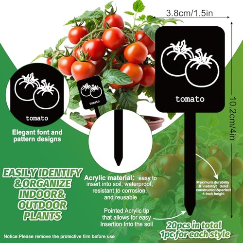 Whaline 20Pcs Acrylic Vegetable Plant Label Signs 20 Styles Garden Markers Waterproof Black Plant Stake Tags with Names for Nursery Indoor Outdoor Garden Decor