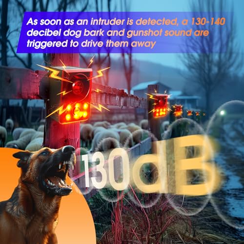 Solar Outdoor Motion Sensor Alarm - Dog Barking & Gunshot Sound, Support Recording and Volume Adjustment, 130dB Noise with Flashing Light to Deter Raccoon, Deer, Skunk, Bear, Coyote