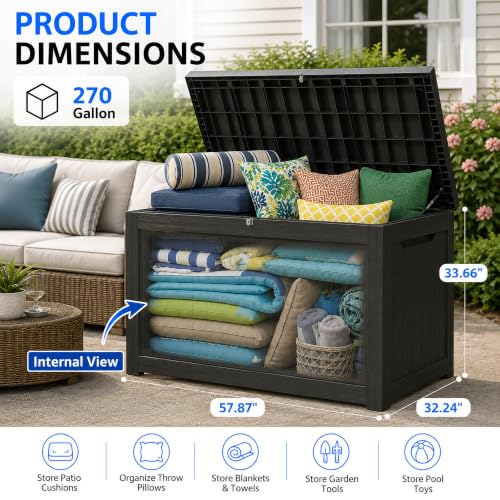 300 Gallon Outdoor Storage Box Resin Deck Box All Weather Waterproof Large Lockable Storage Container Deck Box for Patio Furniture, Garden Tools, Lockable, Black New - color: Black, size: 270 GAL New
