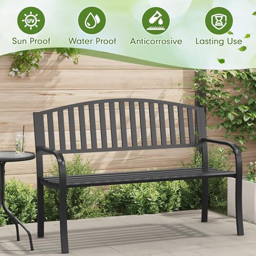 50" Outdoor Bench, Heavy-Duty Metal Frame Graden Bench, Weatherproof Patio Park Bench for Front Porch, Park, Yard, Patio - size: Rectangle
