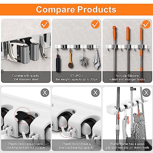 2 Pack Mop and Broom Holder Wall Mount for Kitchen Garage Laundry Room - color: Silver, size: 2 Pack 5 Racks with 4 Hooks