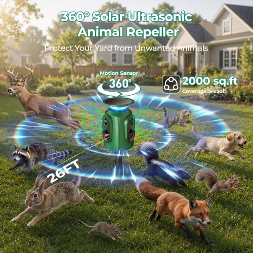Solar Animal Repeller Outdoor, Squirrel Repellent & Cat Repellent Outdoor, Deer Repellent Devices, Coyote Deterrent Raccoon Repellent, Motion Activated Cat Deterrent 5 Modes IP65 Waterproof