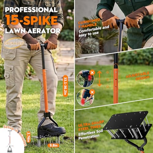 Lawn Aerator Tool 15 Spikes Manual Grass Aerator for Yard Heavy Duty Metal