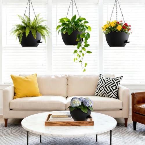 UOUZ Set of 3-10 Inch Self Watering Hanging Planters for Indoor & Outdoor,Hanging Plant Pots with Drainage & Removable Tray, Hanging Pots Holder for Ivy, Spider Plants, Ferns, Balcony & Patio, Black - color: Black, size: 10inch-3pack
