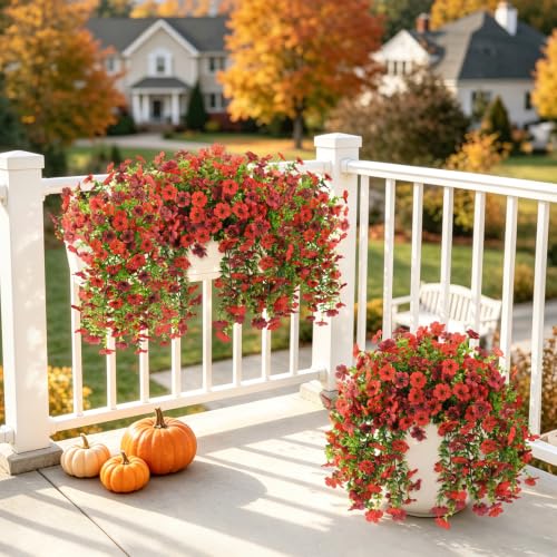 INQCMY Fake Fall Flowers Artificial Hanging Mums for Outdoors Decoration - color: Red Brown