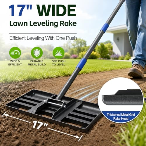 Lawn Leveling Rake,Long Handle Rakes for Lawns Heavy Duty Lawn Leveler Tool for Soil Compost Sand Landscape Rake for Yard Garden Golf Course 17"x10"