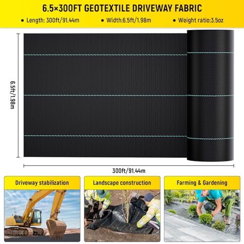 Doniks 6.5x300ft Driveway Fabric,3.5OZ Commercial Heavy Duty Weed Barrier Fabric, Garden Landscape Fabric,French Drain Fabric for Erosion Control,Landscape Fabric,Weed Barrier,Construction Projects - size: 6.5x300ft