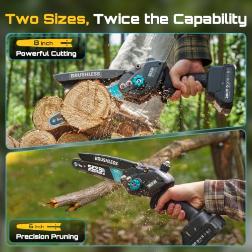 Mini Chainsaw Cordless 8 inch: Electric Chainsaw Battery Powered, Brushless Chain Saw with Auto Oiler, 2pcs Battery, Handheld Saw for Tree Branch Wood Cutting,Gardening Tools for Men Dad Husband - color: Black