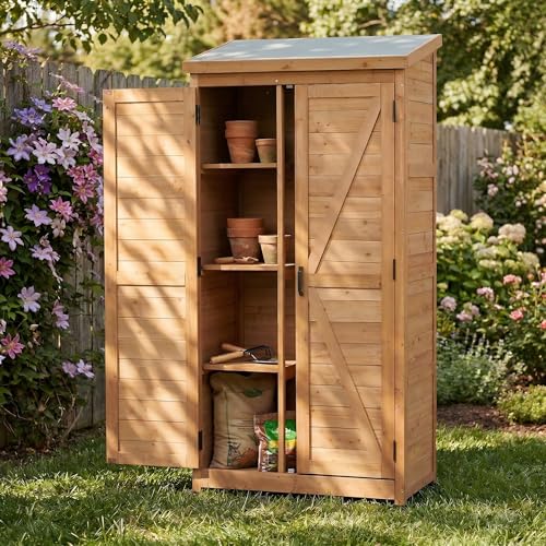 Outdoor Wooden Storage Shed, 68.5" Tall Potting Bench Cabinet with Waterproof Metal Top, Vertical Tool Organizer with Removable Shelves & Magnetic Door for Patio, Garden, Backyard (Light Brown) - color: Light brown