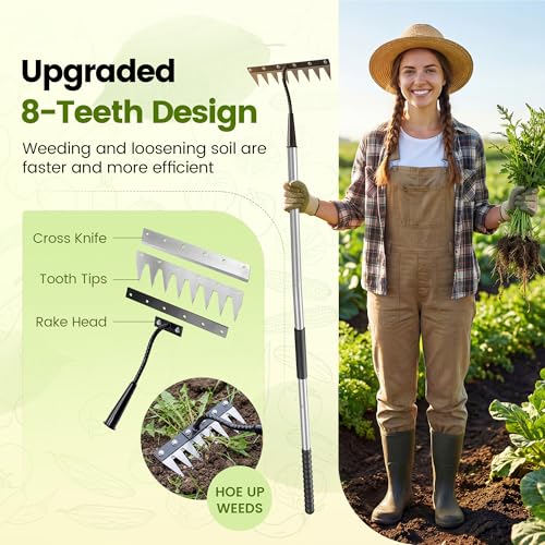 Iron Weeding Rake with Long Handle, Manual Weeder Tool for Garden