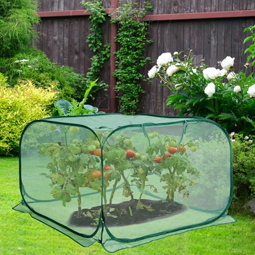 2 Pcs Pop Up Mesh Plant Cover, 35" x 35" x 27.5" Foldable Plant Protector Mesh Plant Enclosure, Garden Net Cage Guard Cover with 8 Ground Stakes for Protecting Plant Vegetable Fruit from Birds Insects - color: 2 Pcs