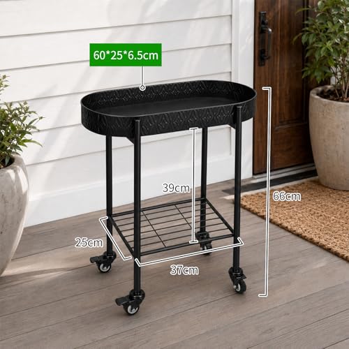 Growsun Metal Rolling Succulent Plant Stand with Drainage Holes, Nursery Pots, Wheels, and Lower Storage Shelf, Indoor Outdoor Plant Cart (Black, Small) - color: Black, size: Small