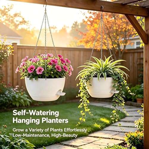 2 Pack 12 Inch Self‑Watering Hanging Planters Plant Pots, White - color: White