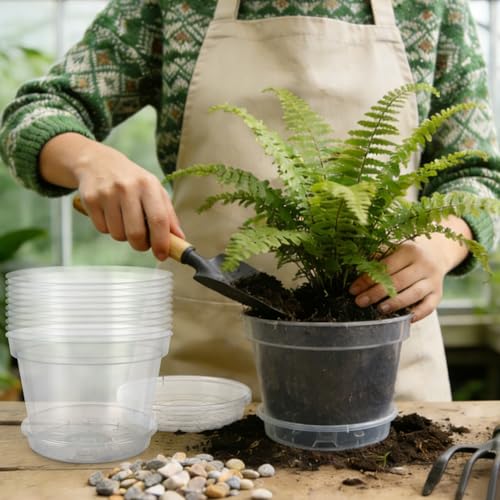 Garvee 12 Pack 8 in Clear Nursery Pots for Plants with Saucers, Thickened Plastic Plant Pots with Drainage Holes, Transparent Seeding Start Planters for Indoor Outdoor