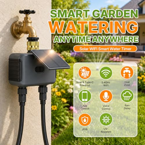 Mcbazel Solar WiFi Water Timer for Garden Hose, 2 Zone Sprinkler Controller