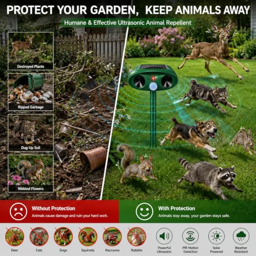 2 Pack Ultrasonic Deer Repellent Devices,Cat Deterrent Outdoor Solar Animal Repeller for Squirrel Racoon Rabbit Fox Skunk,USB Charging Waterproof Motion Sensor Sonic Fortress Pro Deterrent for Garden